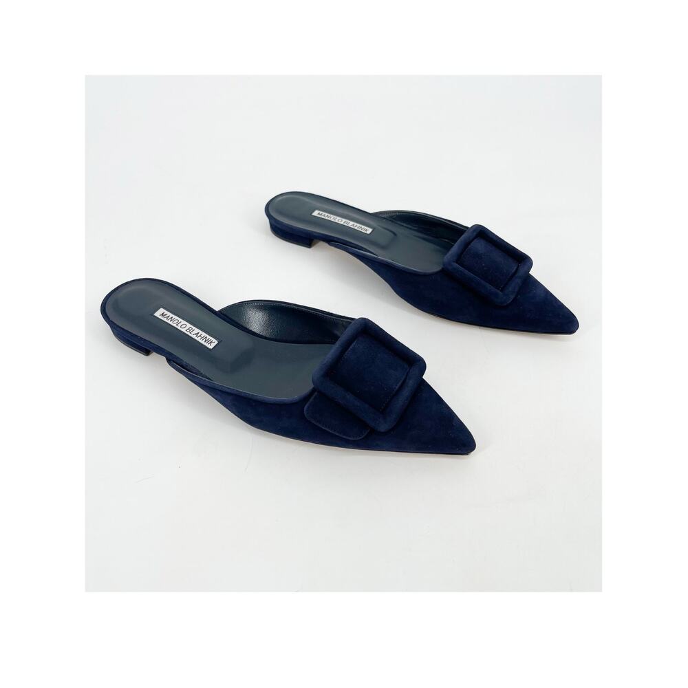 Manolo Blahnik Maysale Navy Blue Suede Buckle Pointed Toe Mule Flats IT 39.5